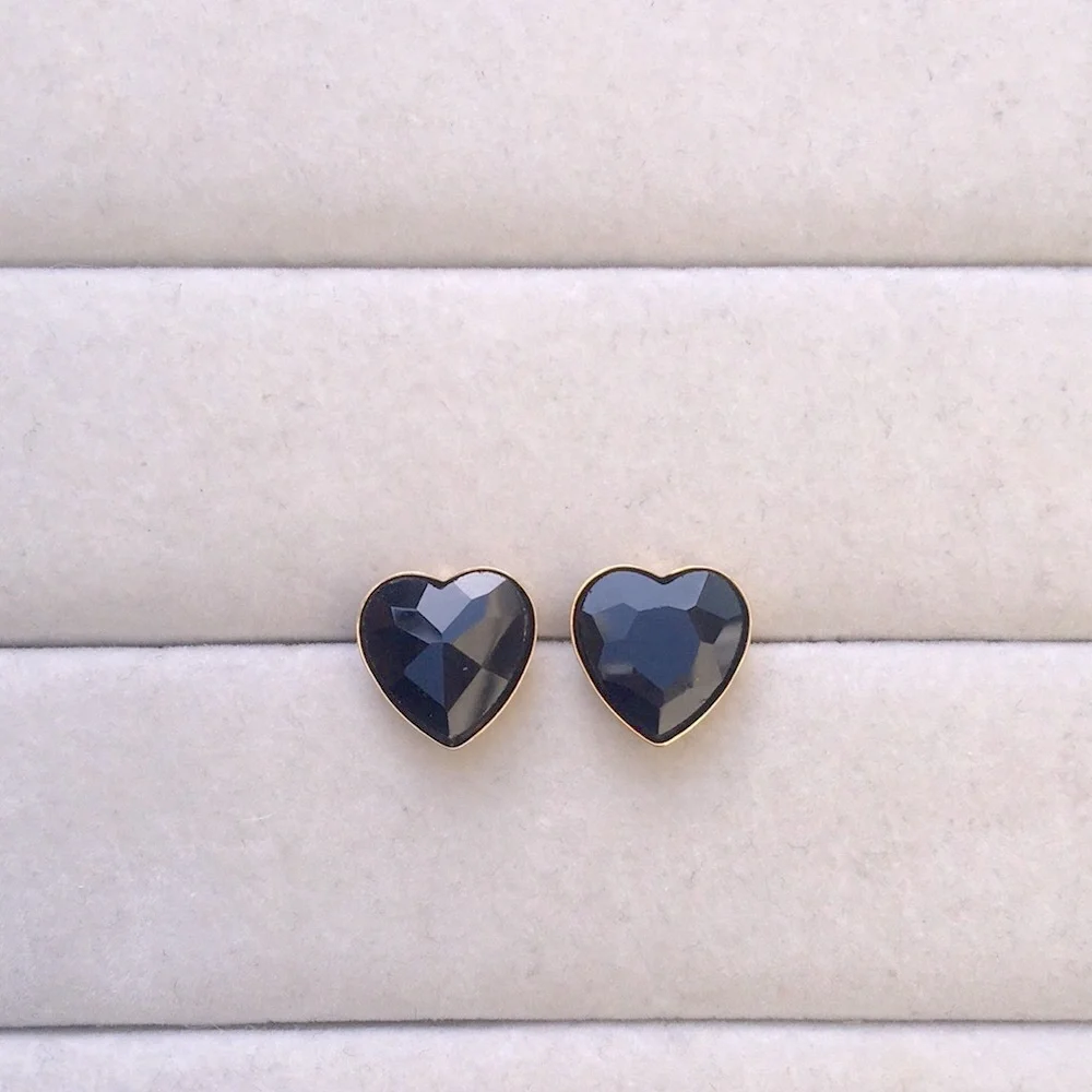 Onyx Jet Black + Gold Crystal Heart Earrings
